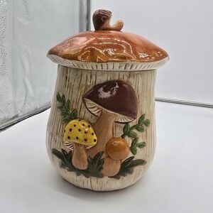 Vintage Handmade Ceramic Mushroom‎ Canister Cookie Jar With Lid 10" Tall